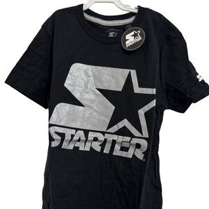 Starter Authentic Black T-Shirt With Silver Logo Print For Kids L 10/12 100% Cot